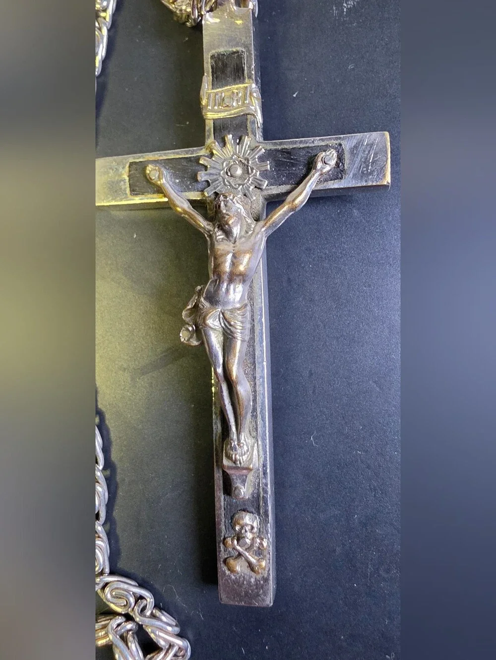 Vintage Catholic Nun's Or Priests Crucifix Featuring An Ebony Wood Inlay